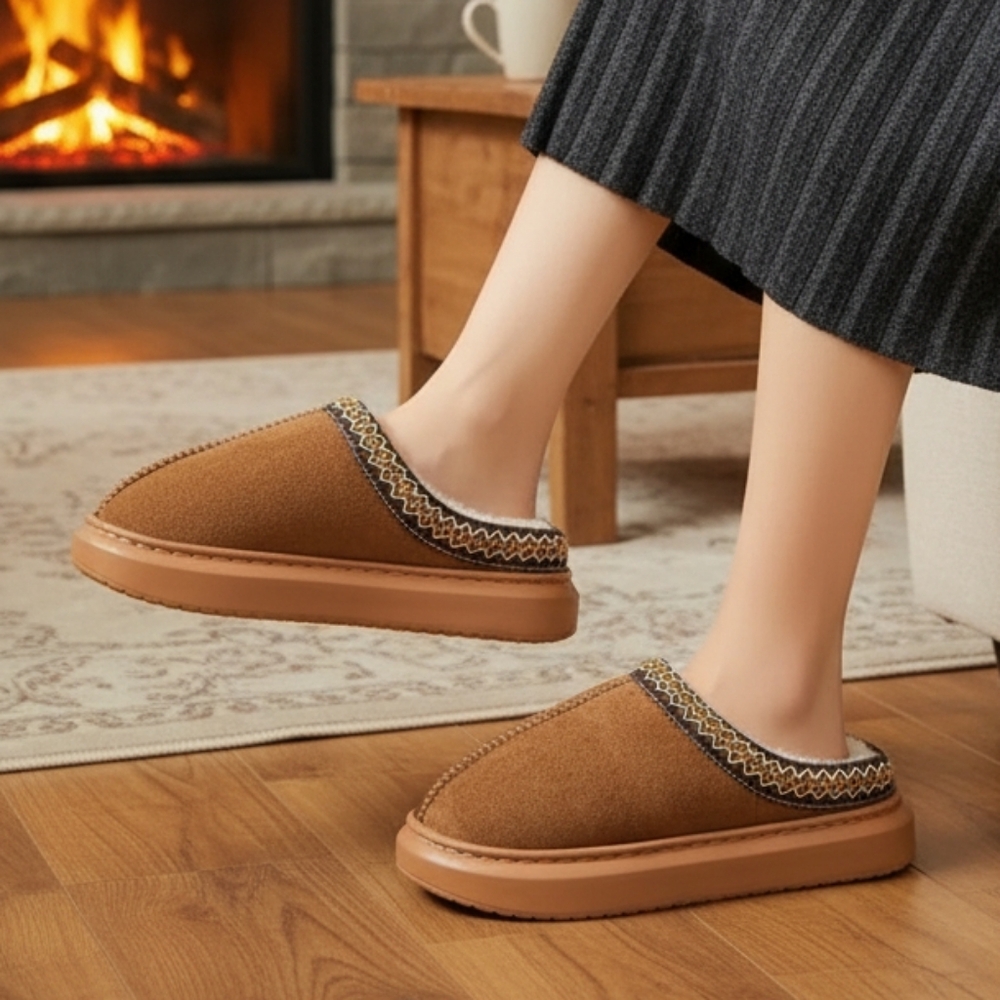 Embroidered Vegan Fur Faux Suede Platform Slippers Slip-On House Shoes Clogs